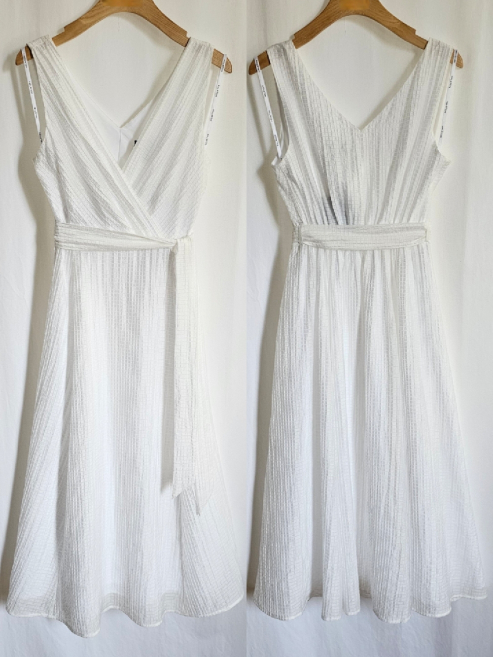 Halston White Sleeveless Seersucker Belted Flare Midi Dress - Picture 10 of 16